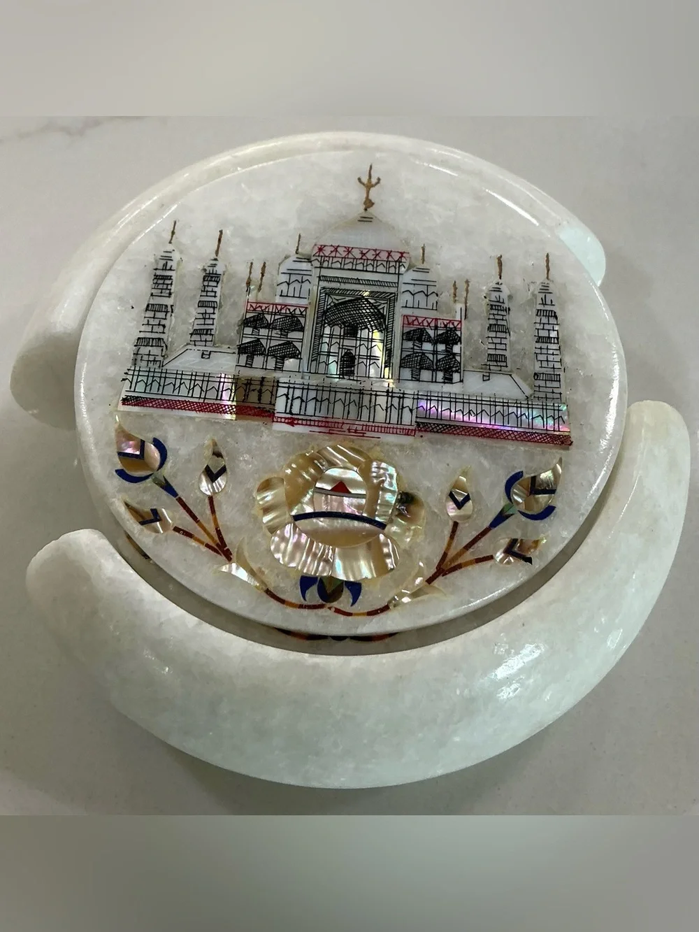 Set 6 Round Marble Tea Coaster Set Taj Mahal Art Gift-able Coaster for Eid 4.5”